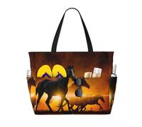 Hnnkloy Black Horses Red Glowing Clouds Printed, Large Capacity Beach Bag Travel Shoulder Bag For Women - Waterproof Tote Handbag