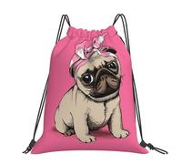 Hnnkloy Cartoon Pink Bow Pug, Drawstring Backpack Unisex Sport Gym Bag Casual Daypack Drawstring Sackpack