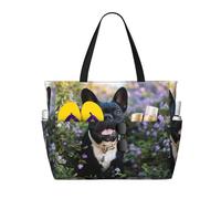 Hnnkloy French Bulldog Stands In Flowers Design, Large Capacity Beach Bag Travel Shoulder Bag For Women - Waterproof Tote Handbag