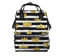 Hnnkloy Golden Crown Glitter With Black And White Stripes, Large Capacity Mummy Backpack Diaper Bag Travel Backpack for Outdoor