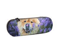 Hnnkloy Leather Pencil Case Organizer for Stationery Storage,Chow-Chow Sweet Fluffy Brown Dogs Purple Wild