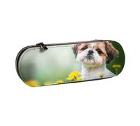 Hnnkloy Leather Pencil Case Organizer for Stationery Storage,Shih Tzu Little Cute Dogs Curly Puppy Pets Field