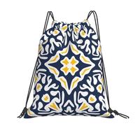 Hnnkloy Navy And Yellow Mediterranean Tile Pattern, Drawstring Backpack Unisex Sport Gym Bag Casual Daypack Drawstring Sackpack