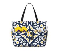 Hnnkloy Navy And Yellow Mediterranean Tile Pattern, Large Capacity Beach Bag Travel Shoulder Bag For Women - Waterproof Tote Handbag