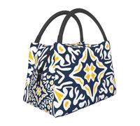 Hnnkloy Navy and Yellow Mediterranean Tile Pattern, Portable Lunch Bag, Insulated Tote Bag Durable Lunch Box Reusable Cooler Bag