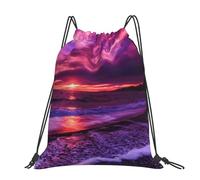 Hnnkloy Pink Beach Sunset Printed, Drawstring Backpack Unisex Sport Gym Bag Casual Daypack Drawstring Sackpack