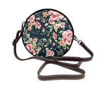 Hnnkloy Pink Roses Peonies Green Leaves, PU Leather Shoulder Bag, Round Crossbody Bag - Circle Purse for Women