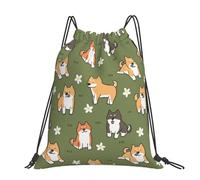 Hnnkloy Shiba Inu Dog Pattern Flower Green Background, Drawstring Backpack Unisex Sport Gym Bag Casual Daypack Drawstring Sackpack