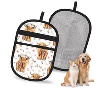 Hnnkloy Spring Pink Floral Scottish Highland Cow, 2 Pack Pet Hair Removal Gloves For Bed,Carpet,Clothes,Sofa,Static Grooming Glove For Dogs & Cats