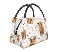 Hnnkloy Spring Pink Floral Scottish Highland Cow, Portable Lunch Bag, Insulated Tote Bag Durable Lunch Box Reusable Cooler Bag