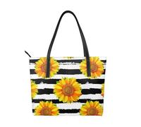 Hnnkloy Sunflowers On Black And White Stripes Background,PU Leather Handbag Large Capacity Tote Bag Women's Shoulder Bag for Work Travel