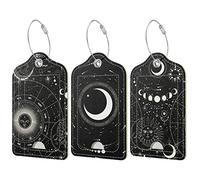 Hnogri 3 Pcs PU Leather Luggage Tags for Suitcase, Travel Cruise Luggage Tag with Privacy Flap, Name ID Label and Metal Loop for Women Men Baggage Handbag School Bag Backpack, Sun Moon