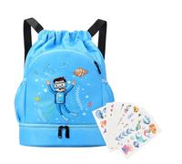 Hnonoxy Children's Drawstring Swimming Bag,Portable Beach Bag, Wet and Dry Separation Kids Sports Backpack with 10pcs Cartoon Ocean Stickers,for Swimming,Camping & Outdoor Activities (Light Blue)