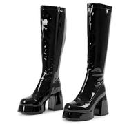 HNVAVQ Chunky Platform Boots Women Y2K Style Square Toe Block Heel Glossy Patent Leather Knee High Dress Boots for Club Night