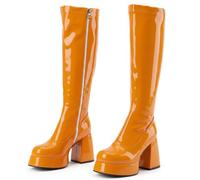 HNVAVQ Chunky Platform Boots Women Y2K Style Square Toe Block Heel Glossy Patent Leather Knee High Dress Boots for Club Night