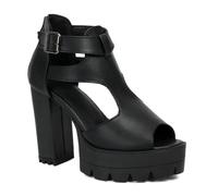 HNVAVQ Platform Sandals for Women - Black Brown Chunky Heel Open Toe Buckle Strap Booties for Clubbing & Night Out