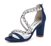 HNVAVQ Women’s Crystal Cross Strap Wedding Heels, Satin Chunky Block Heel Sandals 8.5cm, Open Toe Strappy Bridal Shoes for Party Prom Evening