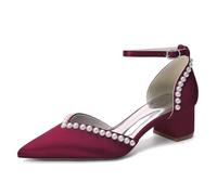 HNVAVQ Women’s Pearl Wedding Shoes Low Block Heel Satin Bridal Pumps Pointed Toe Ankle Strap Elegant Bride Heels 1.8 Inch Wine Red