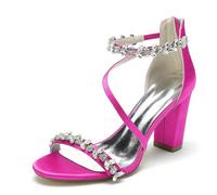 HNVAVQ Women’s Rhinestone Strap Bridal Sandals, Satin Open Toe Chunky Heel 8.5cm, Back Zipper Elegant Wedding Shoes for Bride Bridesmaid Evening Party