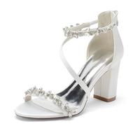 HNVAVQ Women’s Rhinestone Strap Bridal Sandals, Satin Open Toe Chunky Heel 8.5cm, Back Zipper Elegant Wedding Shoes for Bride Bridesmaid Evening Party