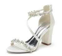 HNVAVQ Women’s Rhinestone Strap Bridal Sandals, Satin Open Toe Chunky Heel 8.5cm, Back Zipper Elegant Wedding Shoes for Bride Bridesmaid Evening Party