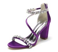 HNVAVQ Women’s Rhinestone Strap Bridal Sandals, Satin Open Toe Chunky Heel 8.5cm, Back Zipper Elegant Wedding Shoes for Bride Bridesmaid Evening Party