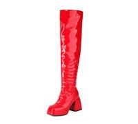 HNVAVQ Women's Over The Knee Boots Square Toe Chunky Heel Patent Leather Tall Boots Back Zipper 70s Dance Party Shoes