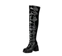 HNVAVQ Women's Over The Knee Boots Square Toe Chunky Heel Patent Leather Tall Boots Back Zipper 70s Dance Party Shoes