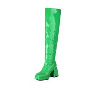 HNVAVQ Women's Over The Knee Boots Square Toe Chunky Heel Patent Leather Tall Boots Back Zipper 70s Dance Party Shoes