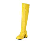 HNVAVQ Women's Over The Knee Boots Square Toe Chunky Heel Patent Leather Tall Boots Back Zipper 70s Dance Party Shoes