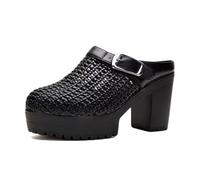 HNVAVQ Women's Platform Mules Chunky Block Heel Closed Toe Woven Slip On Sandals with Buckle, Retro Comfort Dress Shoes for Office Casual Party