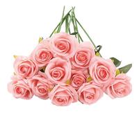 HNVNER 12 Pcs Artificial Roses, Pink Fake Rose Artificial Flowes with Stem Silk Flowers Bouquets for Wedding Table Centerpiece Home Decor