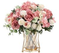 HNVNER 2 Bunches Artificial Roses Peonies Pink Artificial Flowers, Fake Peonies Faux Hydrangea Silk Flower Bouquet for Home Wedding Party Decoration Arrangement