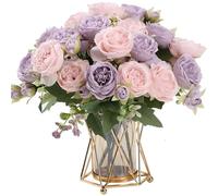 HNVNER 2 Bunches Fake Peonies Artificial Flowers, Silk Peony Bouquet for Home Wedding Party Decoration, Pink-Purple