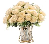 HNVNER 2 Bunches Fake Peonies Artificial Flowers, Silk Peony Bouquet for Home Wedding Party Decoration, Champagne