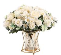 HNVNER 2 Bunches Peony Hydrangea Artificial Flowers, White Fake Roses Peonies Silk Flower Bouquet for Wedding Party Centerpiece Home Décor