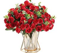 HNVNER 4 Bunches Red Rose Artificial Flowers, Silk Roses Bouquet Fake Flower for Graves Home Wedding Party Decoration