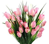 HNVNER 6 Bunches Artificial Flowers Tulips, Pink Faux Silk Flowers for Decoration, Fake Tulip Flowers 30pcs Flower Head for Wedding Arrangements Home Garden Party Hotel
