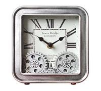 Hnycinj 6 inch Square Desk Clock Vintage Metal Table Clocks with Moving Gears, Silent Non-Ticking Retro Industrial Steampunk Quartz Clock for Home Office Living Room Decor Battery Operated (Sliver)