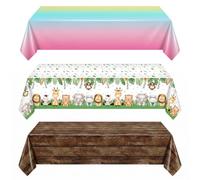 Hnycsir 3 Pcs Disposable Party Tablecloths (137x274cm), Waterproof Plastic Rectangular Table Covers, Wipe Clean Table Cloth for Kids Birthday, Picnic & Themed Celebrations (Animals, Wood, Rainbow)