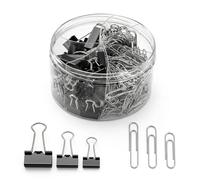 Hnycsir 340 Pcs Assorted Binder Clips and Paper Clips Set in Divided Storage Box- 15/19/25mm Foldback Clips& 28/33/50mm Premium Metal Paperclips Stationery for Office School& Home Organisation (Black)