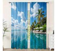 HNYDM 2pcs Tropical Ocean View Blackout Curtains - Coconut Tree Turquoise Waters Digital Print Window Curtain for Bedroom Decor WxH/2x130x280cm