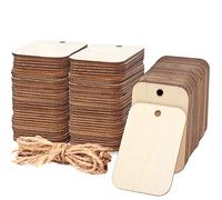 HNYYZL 100 Pcs Wood Pieces Rectangle-Shaped, Wooden Craft Shapes,Wooden Tags with Hole, and 2M Hemp Rope,for Craft Projects, Hanging Decorations, Painting, Staining (2” x 1.3”)