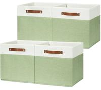 HNZIGE Fabric Cube Storage Bins 13x13 Set of 4 Canvas Storage Baskets for Shelves Collapsible Storage Bins for Organizing Clothes Closet Toy Nursery Cubby(Green&White)