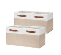 HNZIGE Fabric Storage Baskets Cubes Bins for Shelves, 11 x11 Foldable Storage Bins, Decorative Storage Basket with Leather Handles for Storage Clothes Home Nursery(White Beige-4Pack)