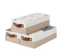 HNZIGE Toilet Paper Baskets for Storage, 13"x 5.9"x3.9" Narrow Storage Bins Baskets with Leather Handles for Organizing Closet and Shelf,Bedrooms, Living Rooms, White&Khaki-3 Pack