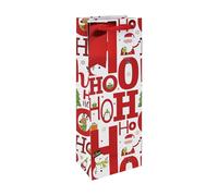 Ho Ho Ho Cute Christmas Characters White Bottle Gift Bag 35cm - Festive Paper Wine & Champagne Present Bag with Ribbon Handles & Name Tag