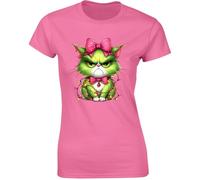 Ho Ho NO Grumpy Green Cat Womens T-Shirt Holly Christmas Funny T Shirt Azalea - Large