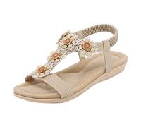 ho Ladies Elegant Sandals Open Toe Flat Flowers ressy Sandals Comfort Comfortable Soft Bottom Breathable Elastic Strap Sandal rch Support Flip Flops Part Wedding Vacation (Beige, 5.5)