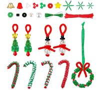 HO2NLE 36pcs Christmas Beaded Ornament Kit for Crafting - Xmas Triangle Beads Red Green White, Chenille Stems and Ribbons for Tree Hanging Decor
